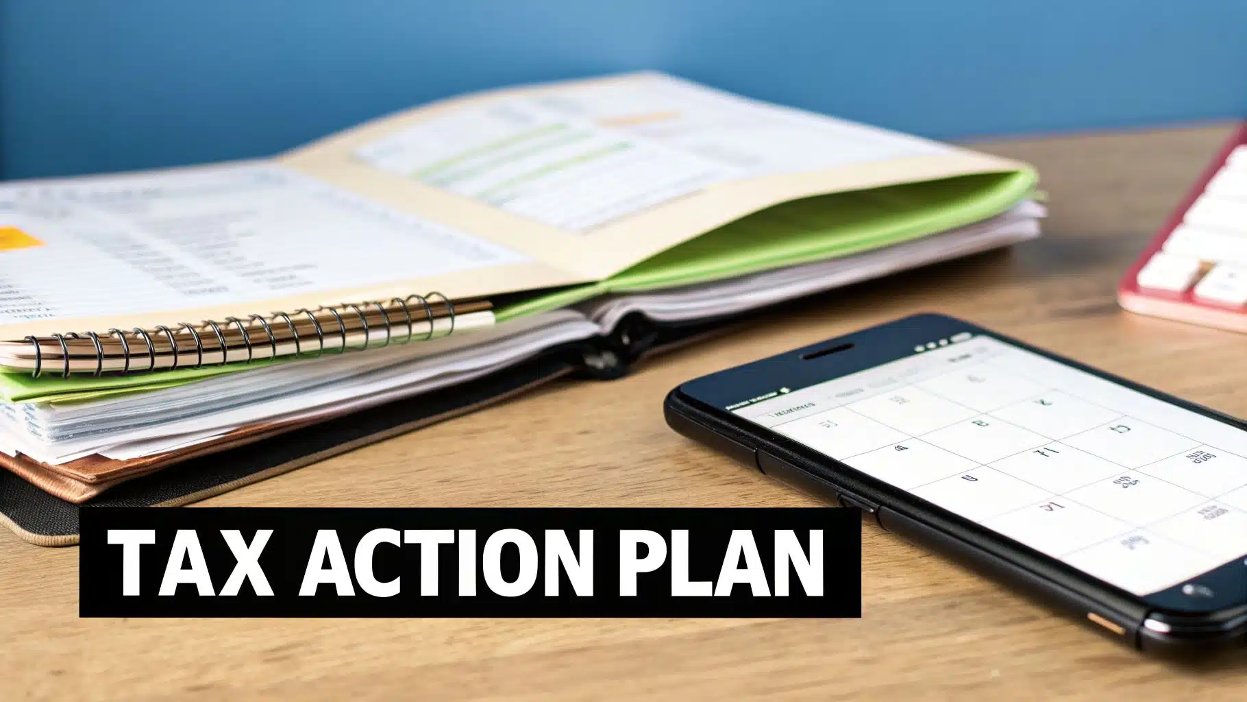 Close-up of a 'TAX ACTION PLAN' with documents, a phone calendar, and a calculator on a wooden desk.