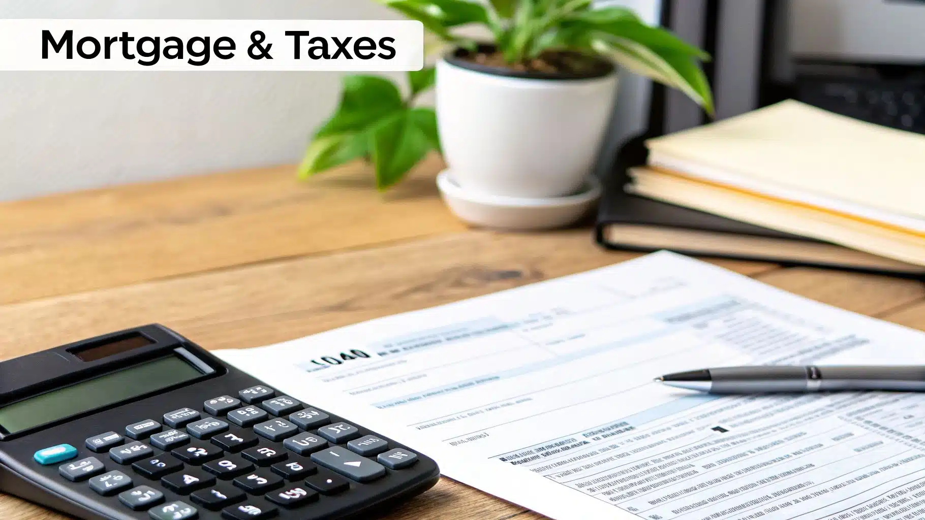 A desk setup with a calculator, pen, and tax forms, alongside books and a plant, related to mortgage and taxes.