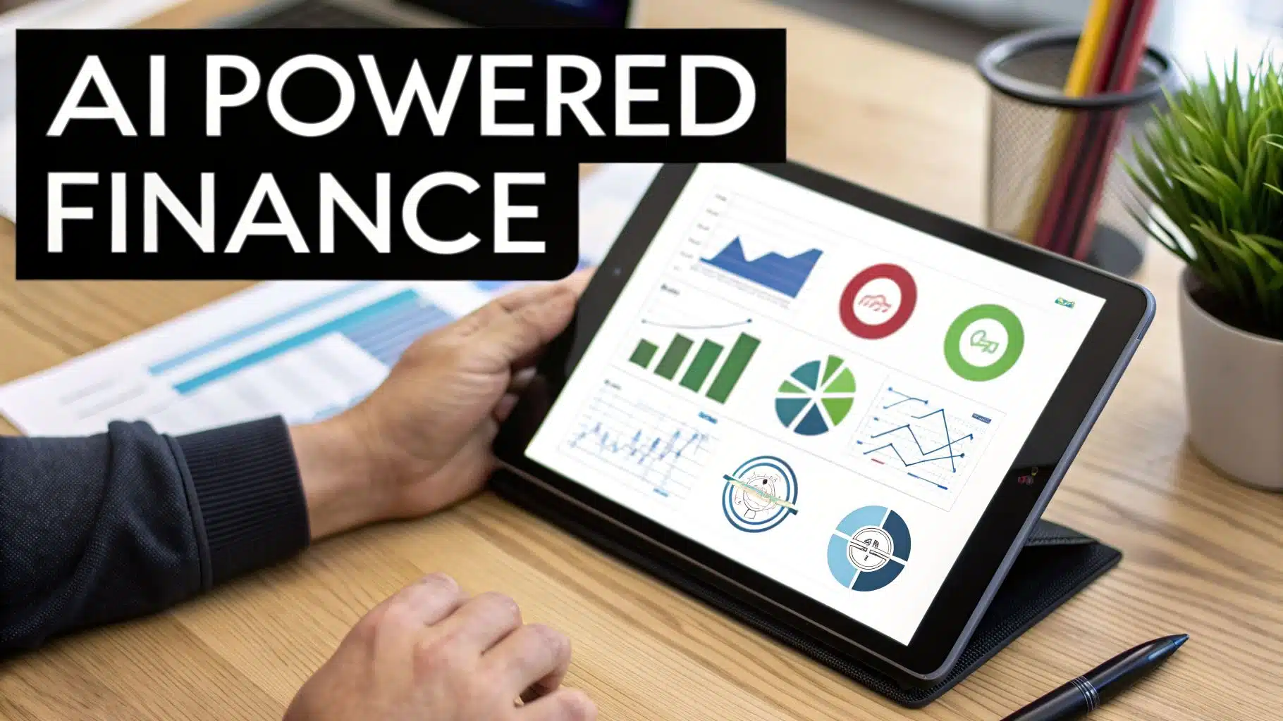A person holds a tablet displaying various financial charts and graphs, with 'AI POWERED FINANCE' text overlay.