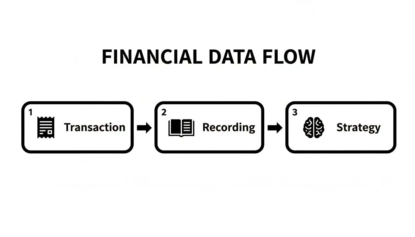 A flowchart illustrating the financial data flow process, from transaction to recording, and finally strategy.