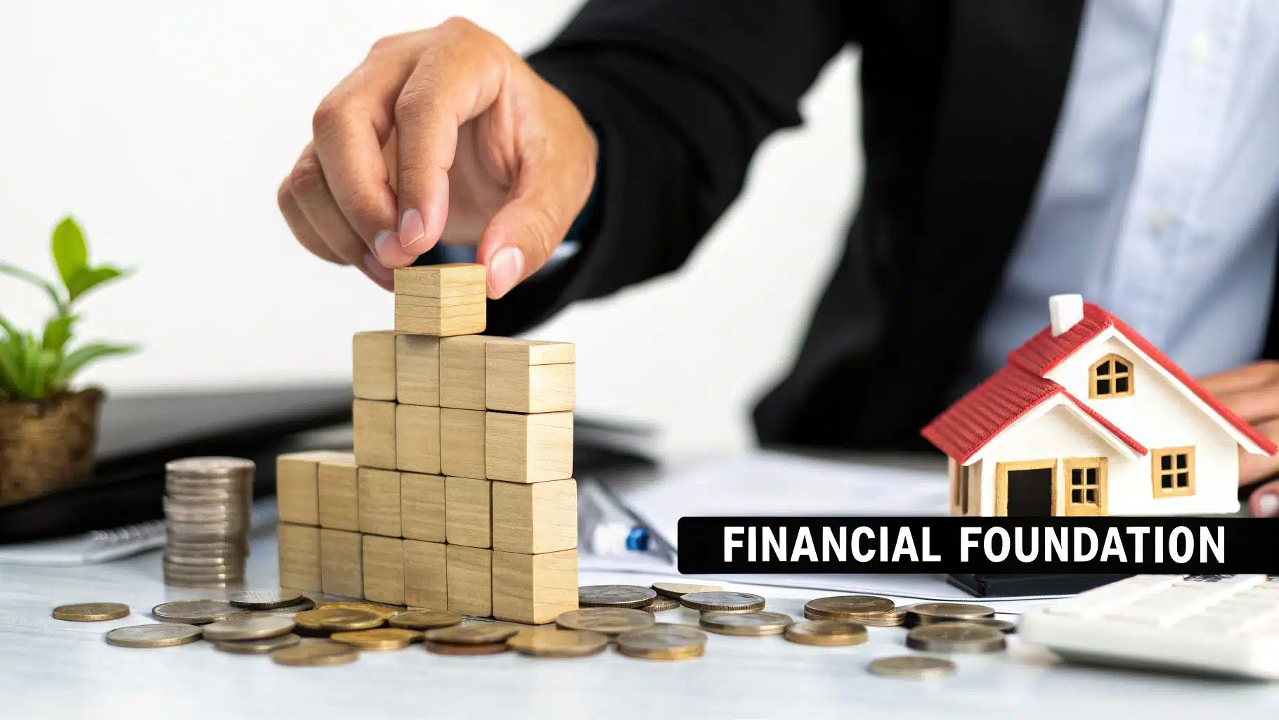 A hand builds a pyramid of wooden blocks next to coins and a house, emphasizing financial foundation.