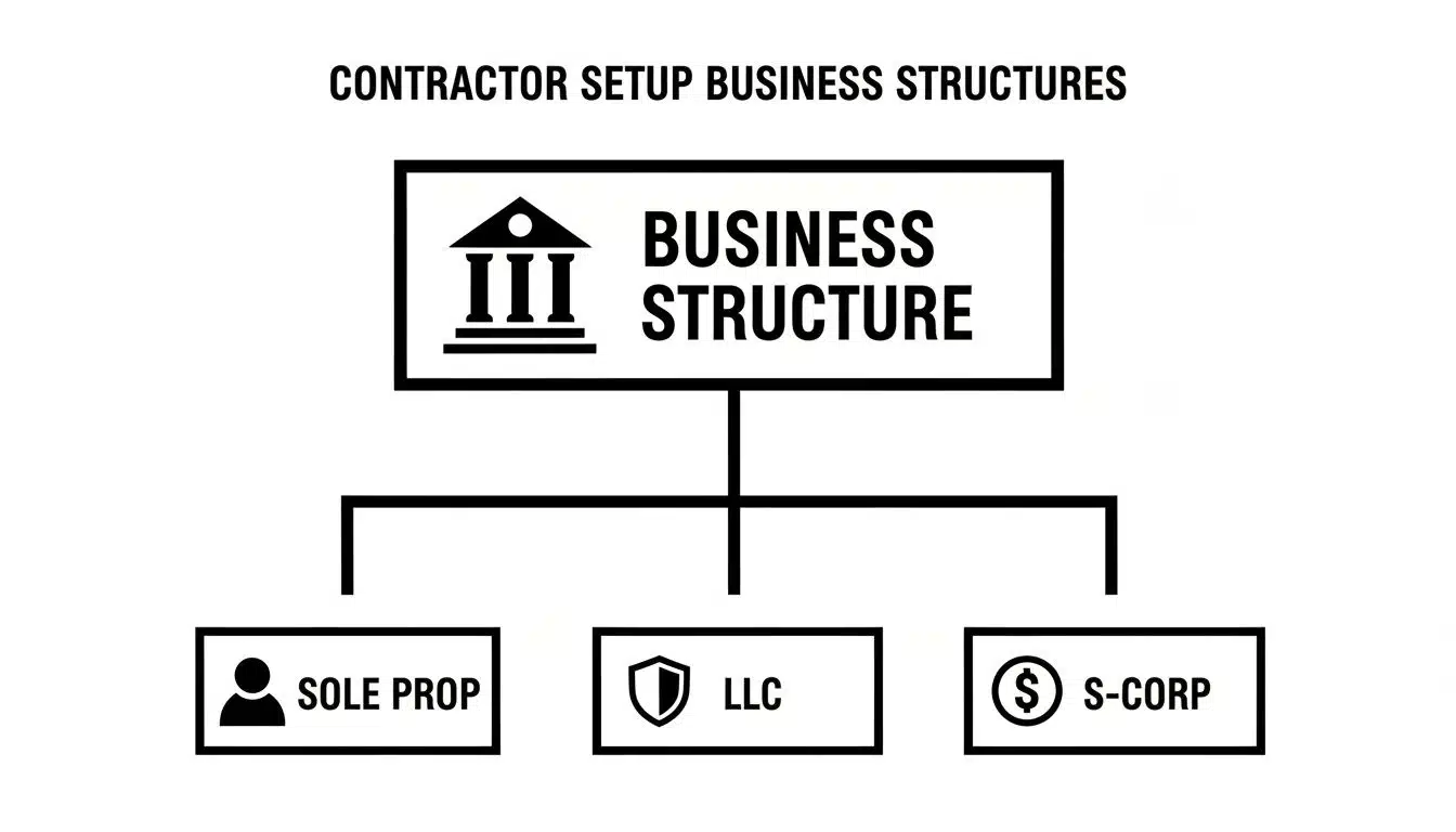 A diagram illustrating common business structures for contractors, including Sole Proprietorship, LLC, and S-Corp options.