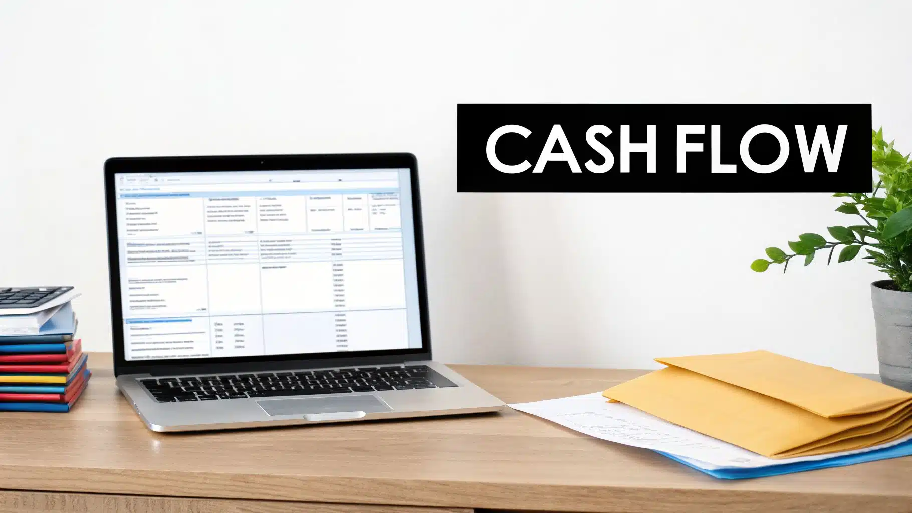 A professional desk setup featuring a laptop displaying a cash flow statement, alongside office supplies and a plant.