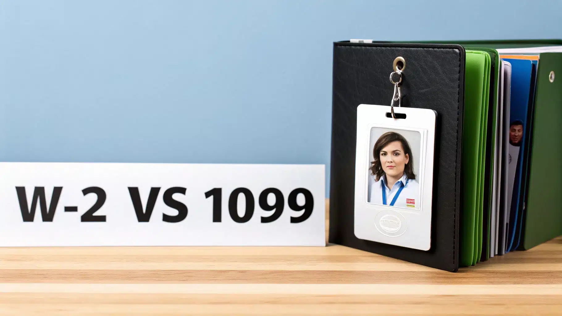 A desk with a 'W-2 VS 1099' sign, binders, and an employee ID badge.