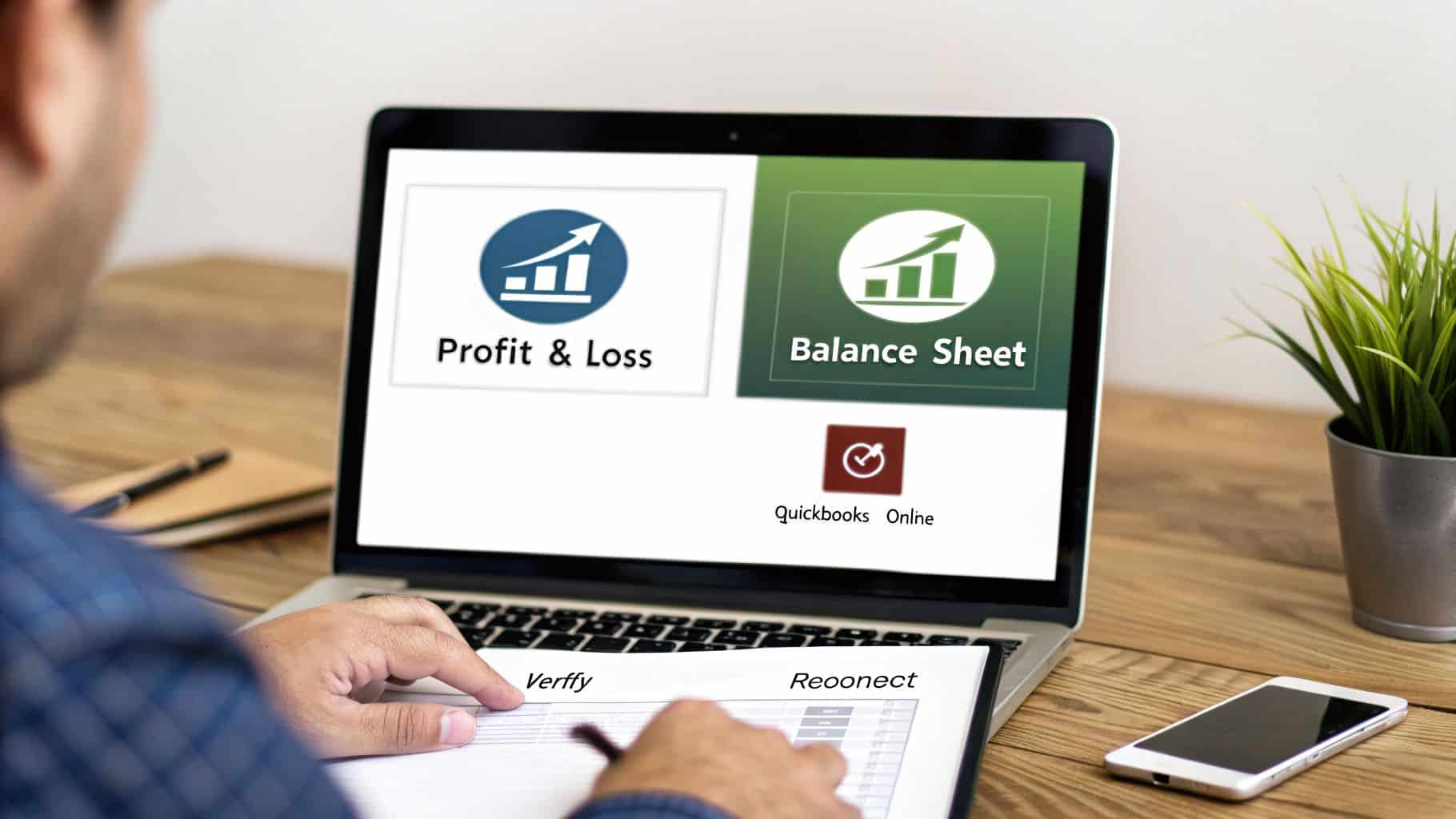 A person works on a laptop showing Quickbooks Online financial reports for profit and loss and balance sheet.