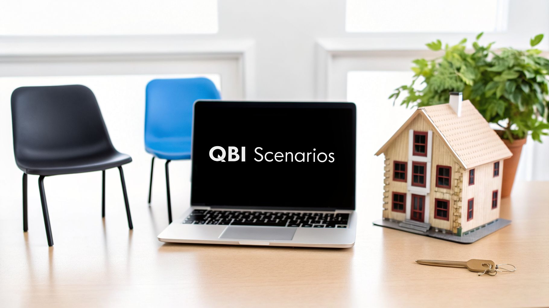 A home office desk with a laptop displaying 'QBI Scenarios', a model house, keys, and chairs.