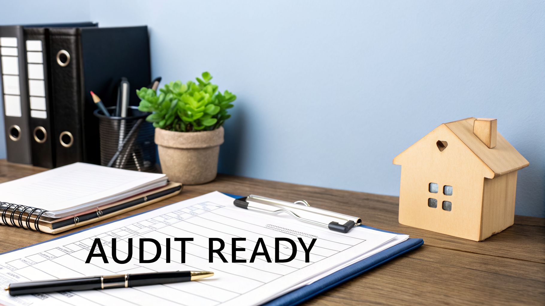 A desk with office supplies, a potted plant, a wooden house model, and 'AUDIT READY' text on a document.