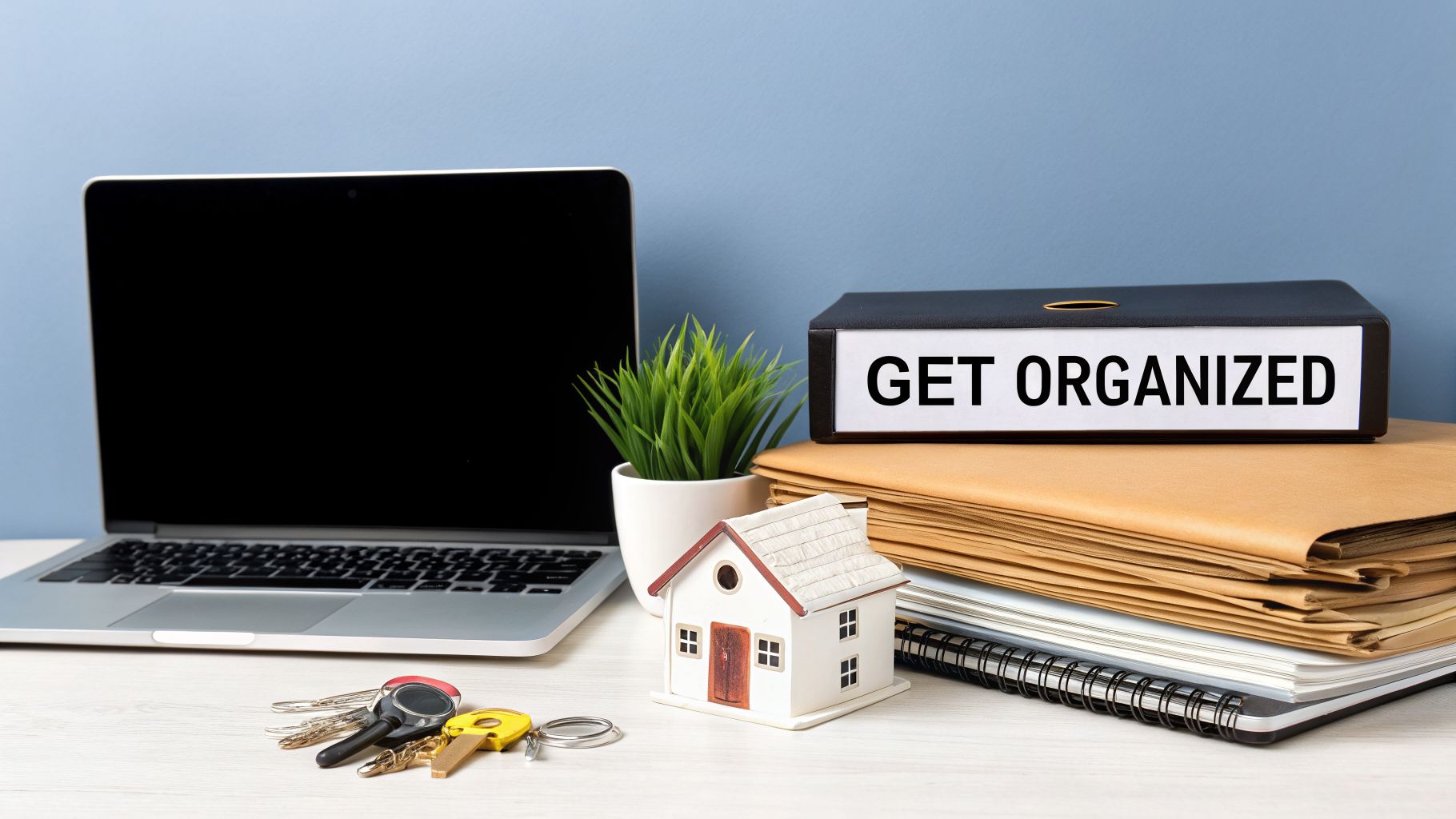 An organized desk with a laptop, files, a house model, and keys, suggesting property management.