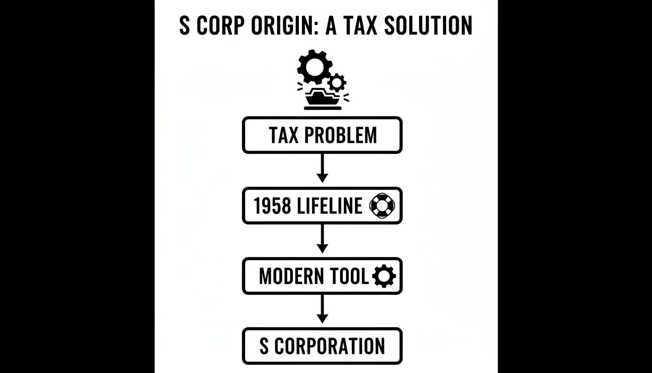 Flowchart illustrating the origin of S Corporation as a tax solution, from a tax problem to modern tool.