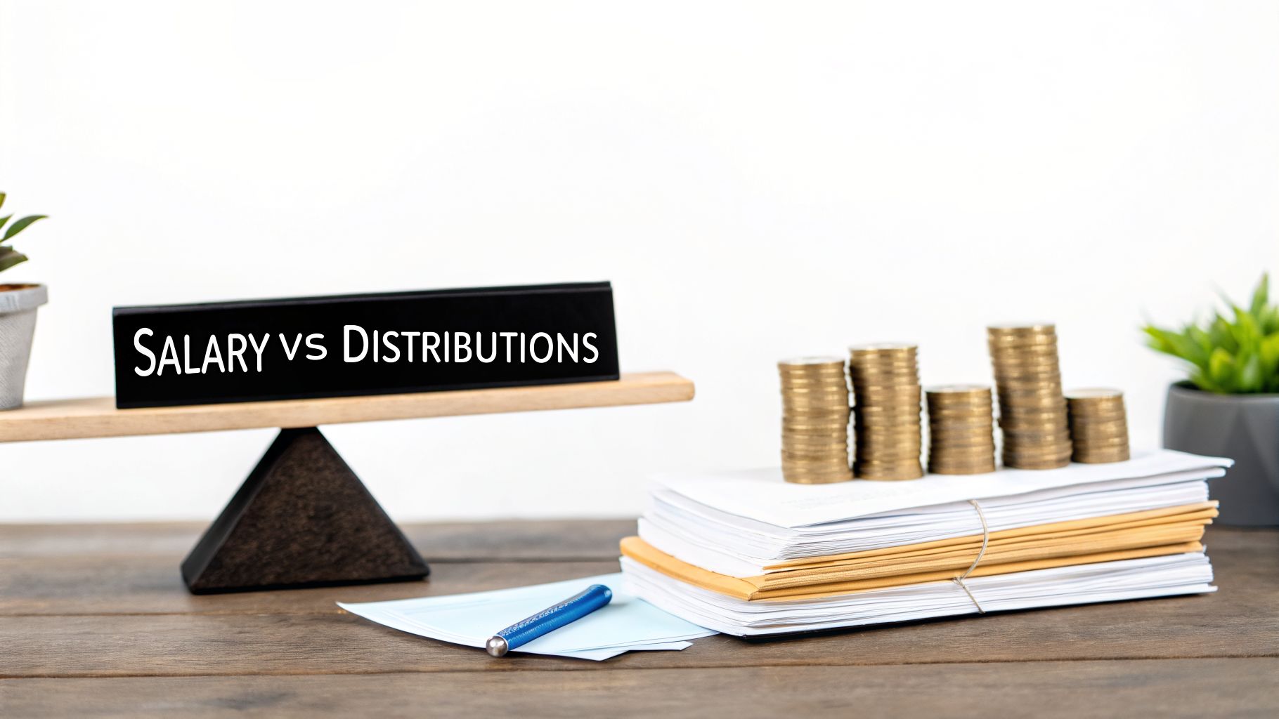 A balance scale showing 'SALARY VS DISTRIBUTIONS' with coins and documents on a wooden desk.