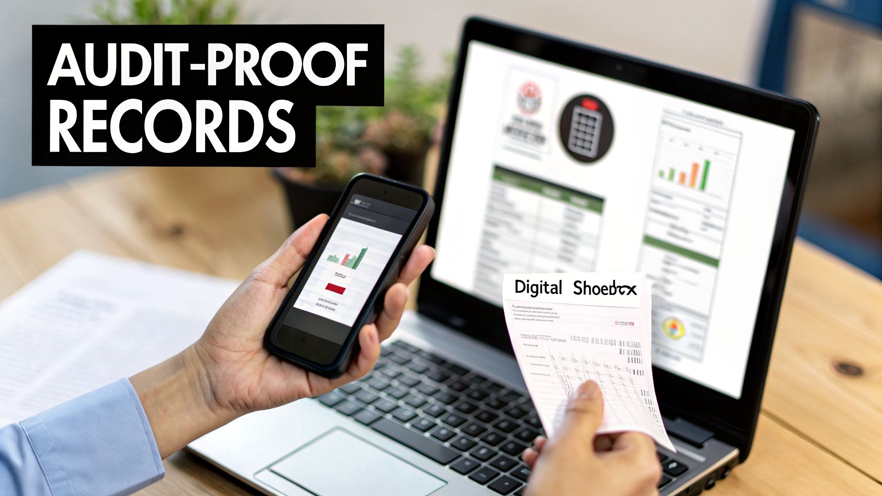 Hands digitizing a receipt with a smartphone, backed by a laptop displaying financial data for audit-proof records.