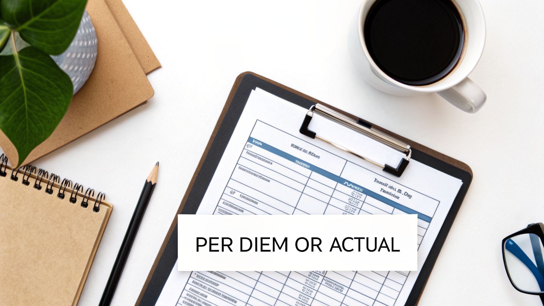 Overhead view of a clipboard with an expense report, coffee, and a plant, featuring text 'PER DIEM OR ACTUAL'.