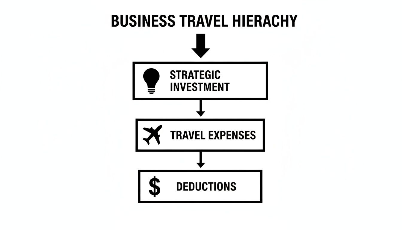 A business travel hierarchy flowchart illustrating the progression from strategic investment to travel expenses and then to deductions.