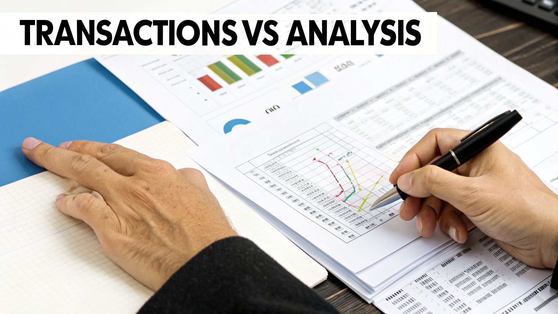 Hands analyze financial documents, charts, and graphs detailing transactions versus analysis.