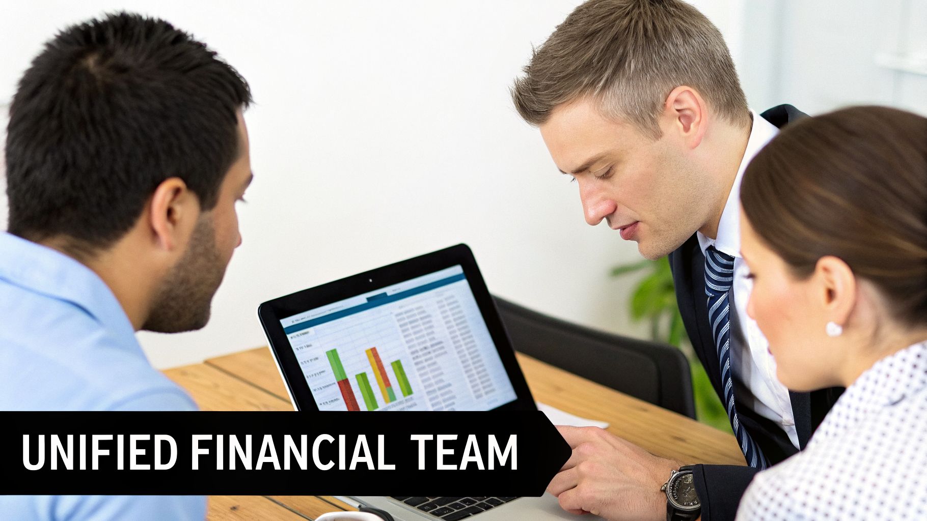Three business professionals analyze financial data on a laptop, working as a unified financial team.