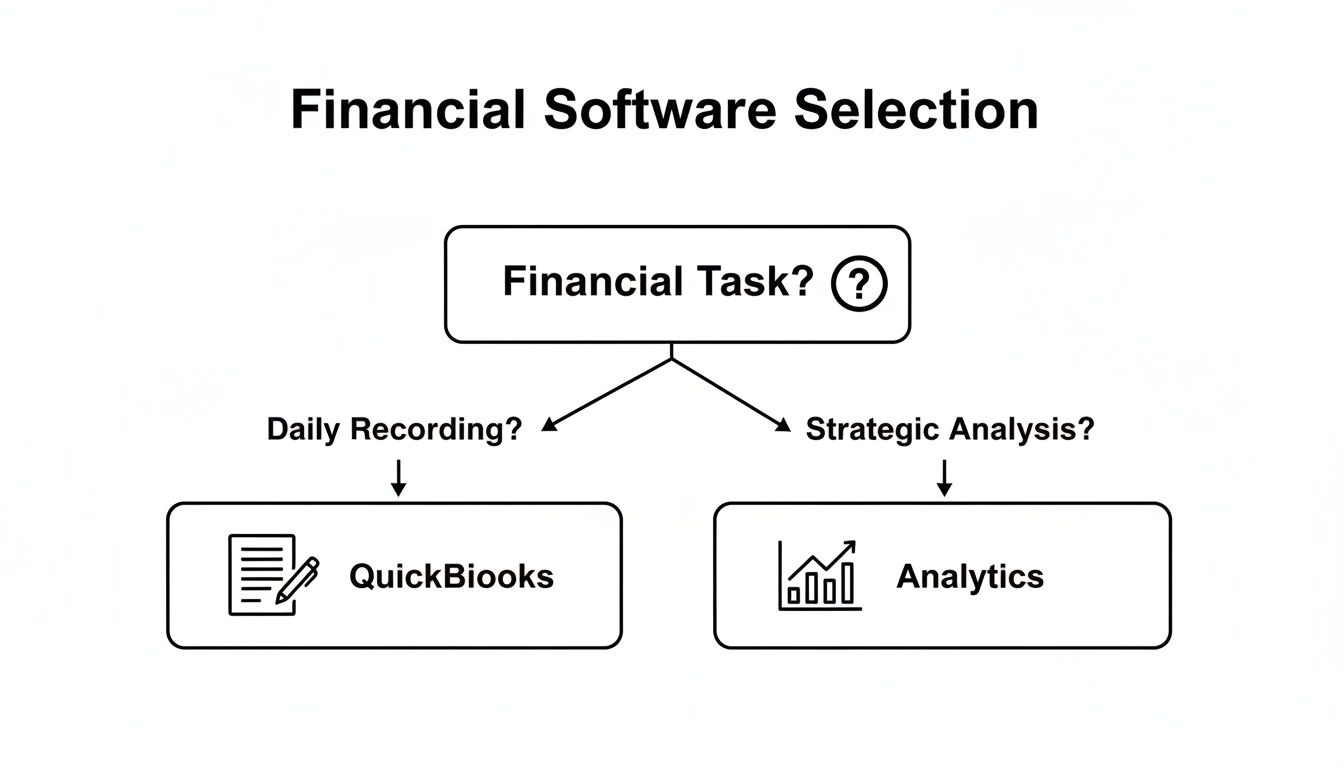 A flowchart illustrates financial software selection: QuickBooks for daily recording, Analytics for strategic analysis.