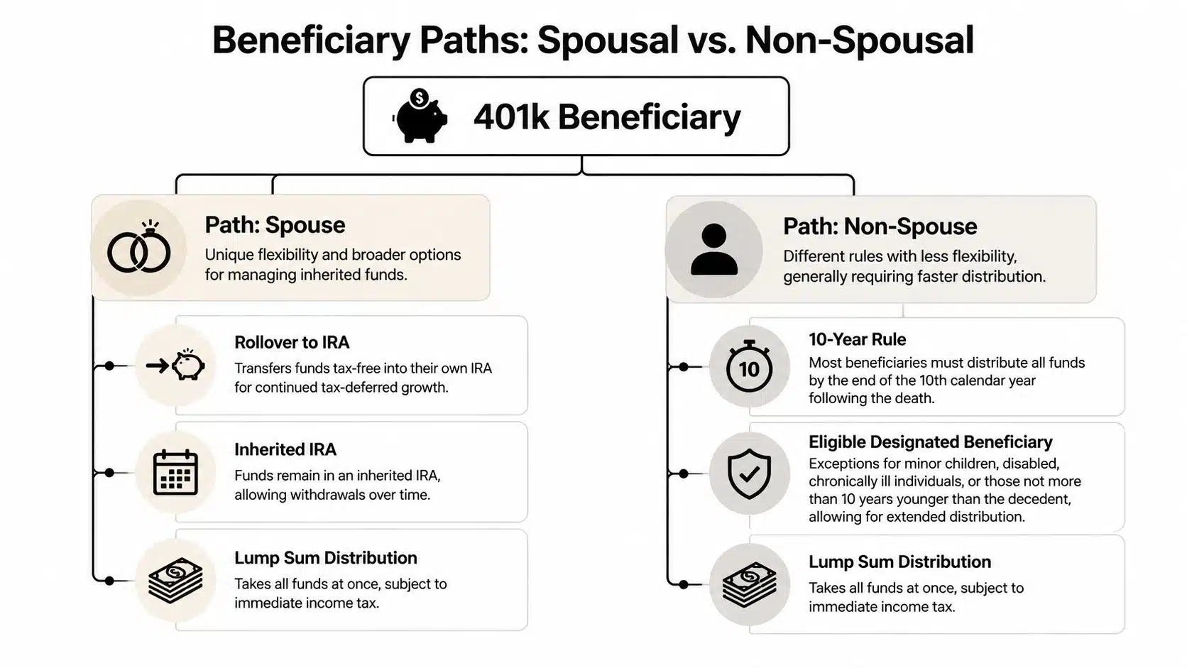 An infographic showing 401k beneficiary options for spouses versus non-spouses, outlining various distribution paths and tax implications.