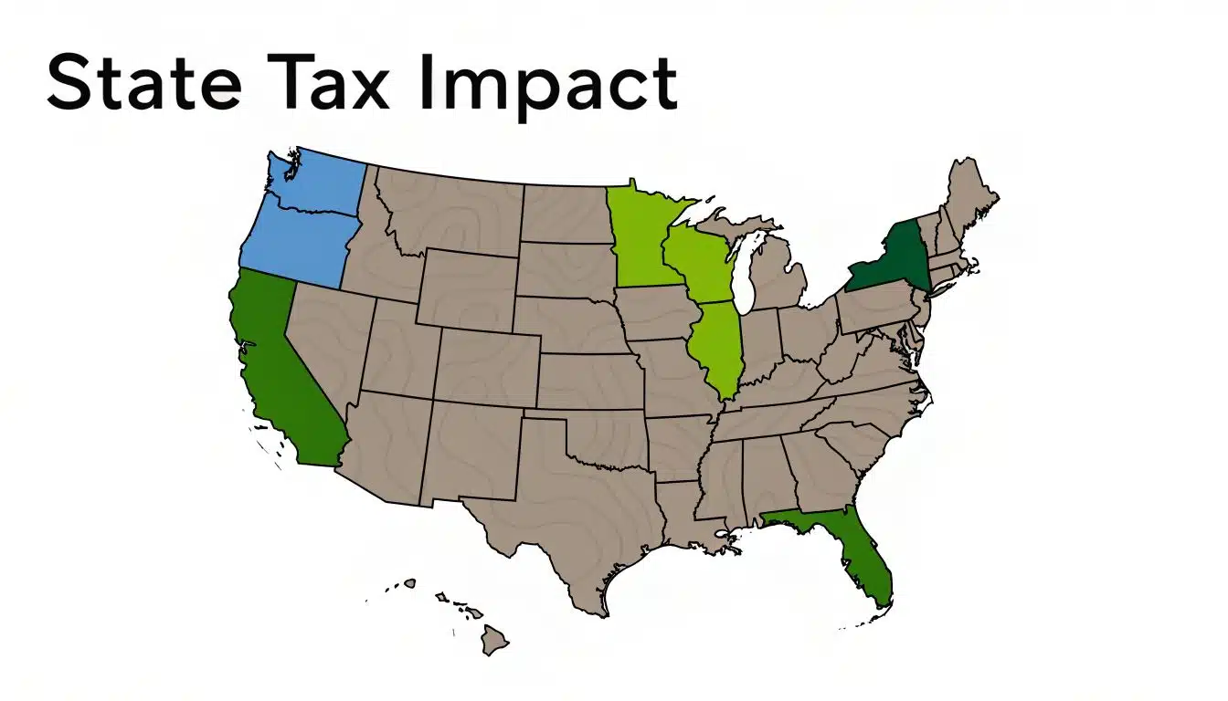 A map of the United States highlighting specific states in different colors to show tax impact variation.