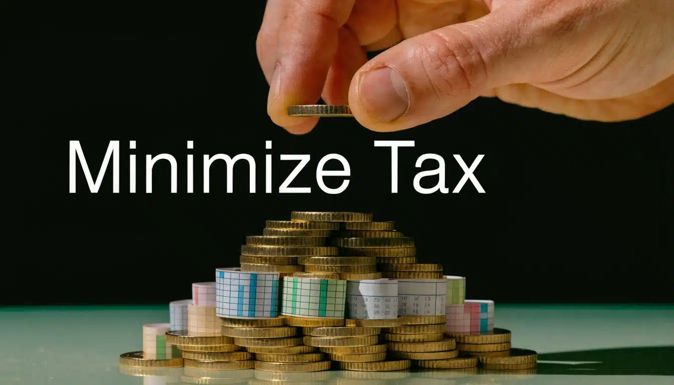 A hand placing a coin onto a stack of coins and paper financial ledgers, symbolizing tax minimization.