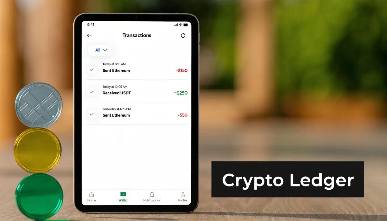 A tablet screen displaying a cryptocurrency transaction history app with a stack of colored coins nearby.