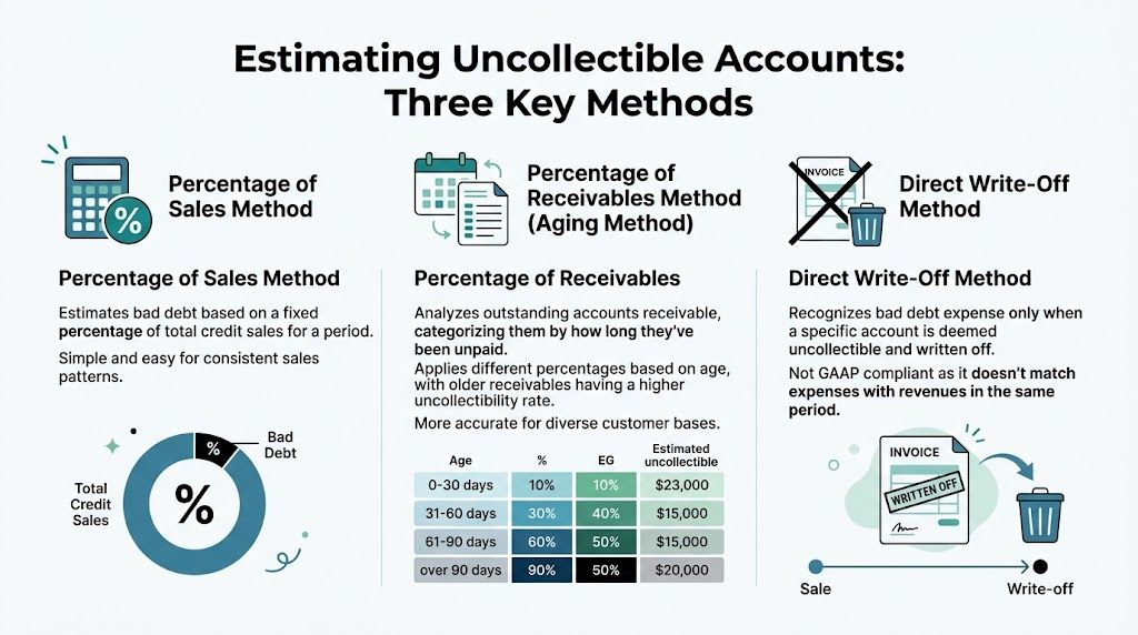 An infographic showing three accounting methods for estimating uncollectible accounts, including sales, receivables, and write-off techniques.