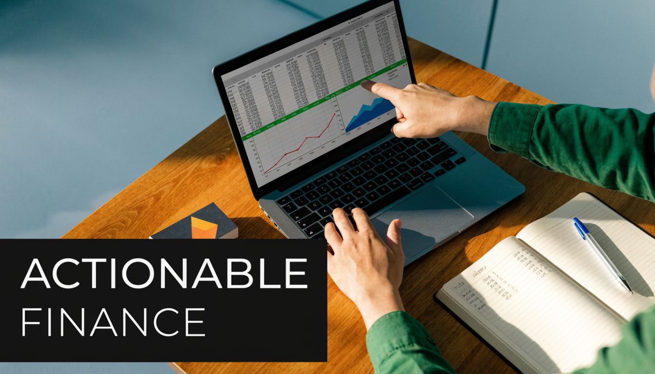 A person analyzing financial charts and data on a laptop screen while working at a wooden desk.