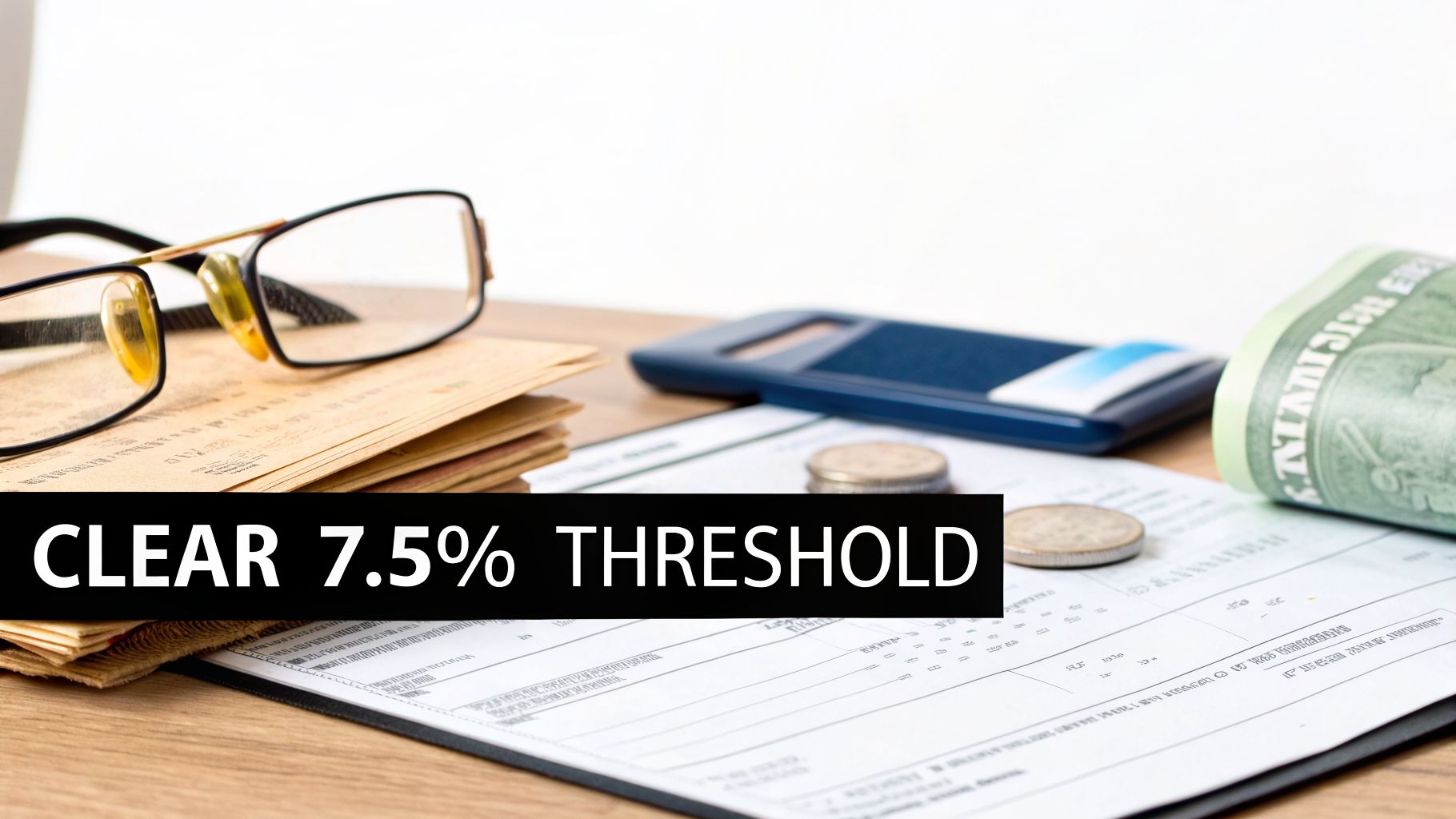 Eyeglasses, papers, and money on a desk with a calculator and a document. Text reads 'CLEAR 7.5% THRESHOLD'.