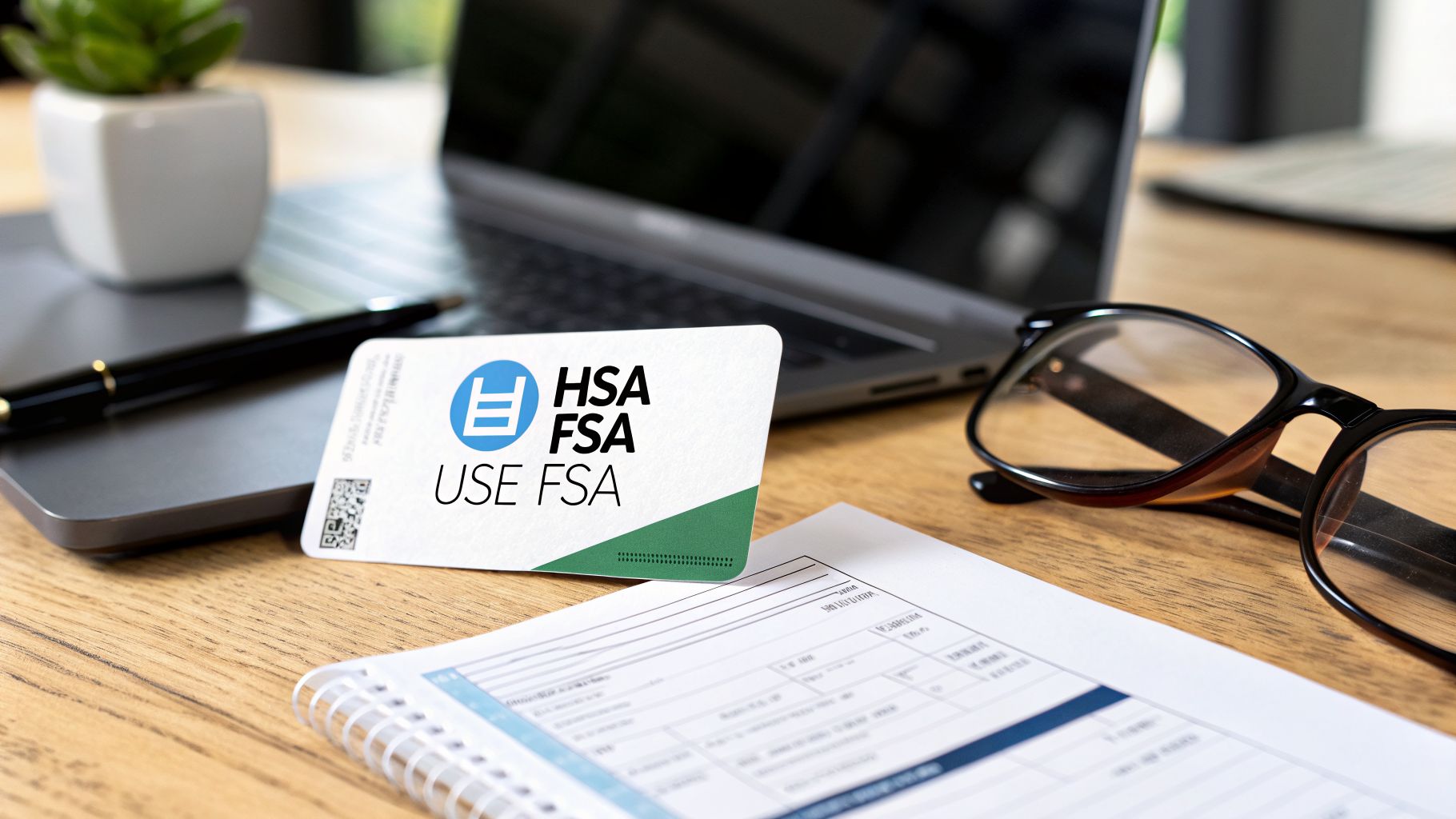 A financial workspace with an HSA/FSA card, eyeglasses, laptop, pen, and documents on a wooden desk.