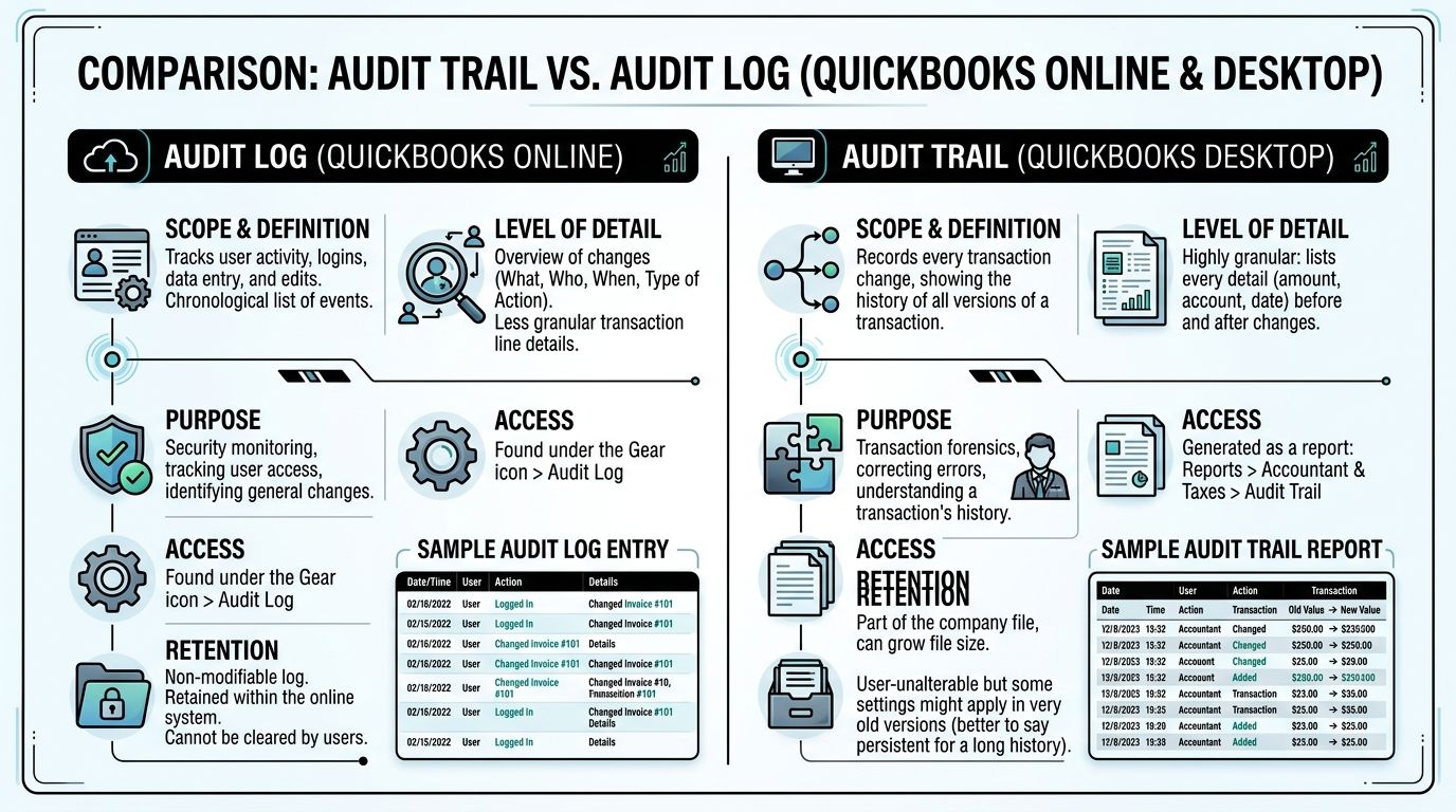 A comparison infographic detailing the differences between the QuickBooks Online Audit Log and QuickBooks Desktop Audit Trail.
