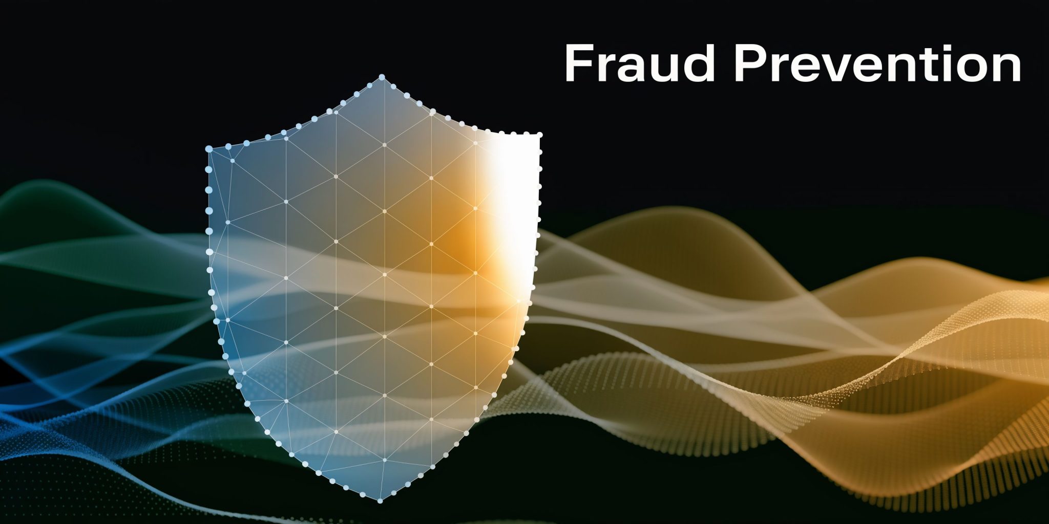 A digital shield graphic with a wireframe mesh pattern set against an abstract background of data waves.