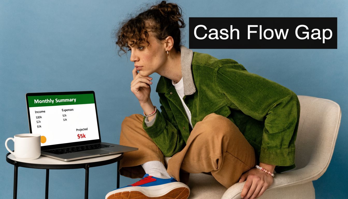 A pensive woman looking at a laptop screen displaying a financial monthly summary with a cash flow gap.