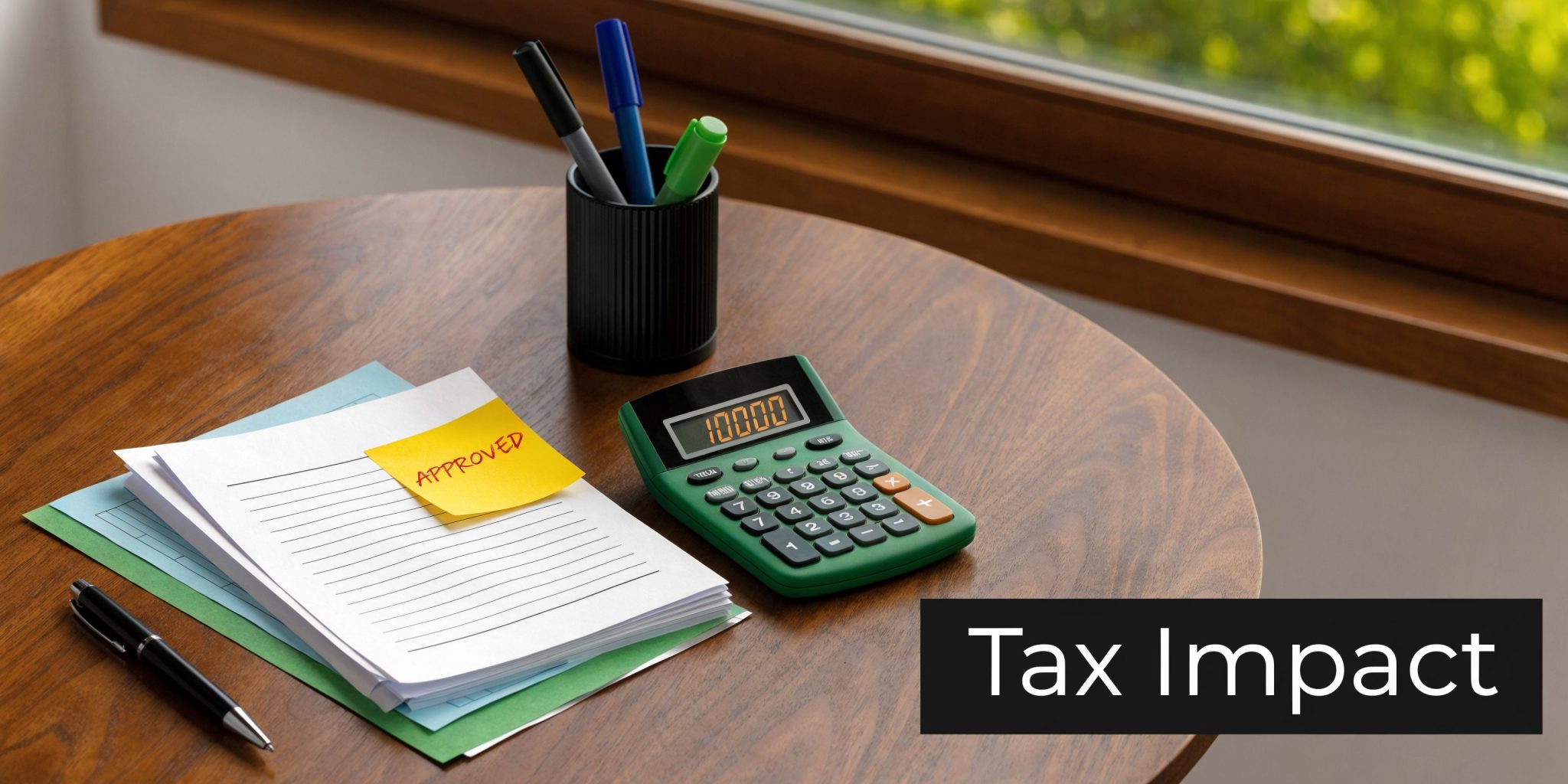 A wooden table with a stack of documents, an approved sticky note, a calculator, and pens.