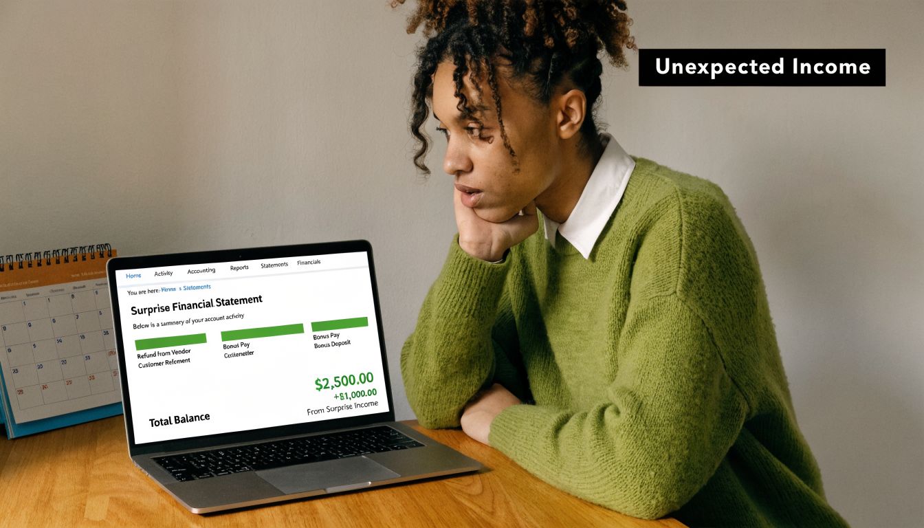 A young person looking at a laptop screen displaying a surprise financial statement with unexpected income records.