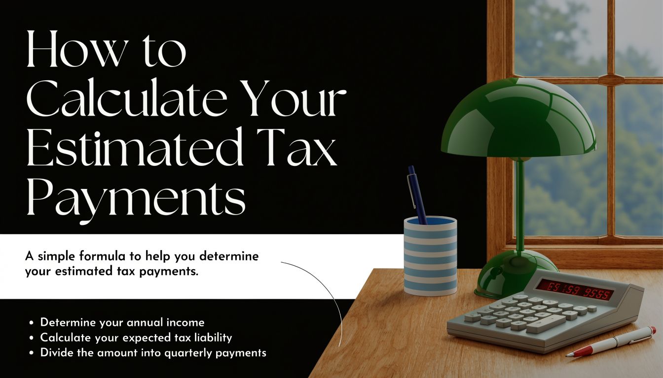 An office desk with a calculator and lamp displaying a guide on how to calculate estimated tax payments.