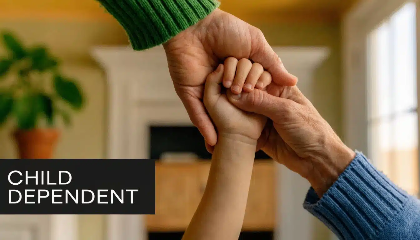 An elderly person and another adult holding the small, delicate hand of a child between them.
