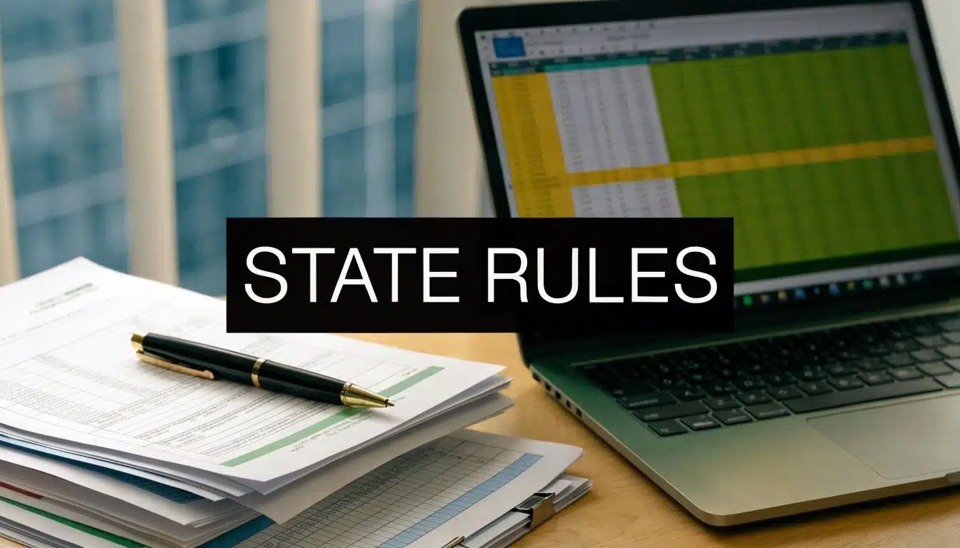 A stack of tax documents and a pen on a desk next to a laptop displaying data.