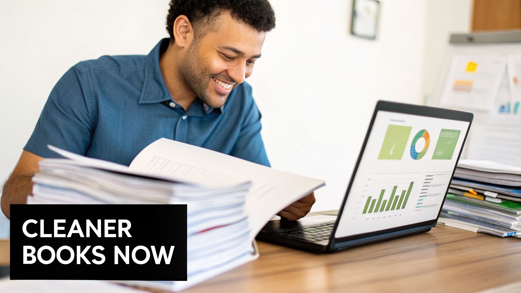 A smiling man reviews financial documents and a laptop with charts on a desk with stacks of paper.
