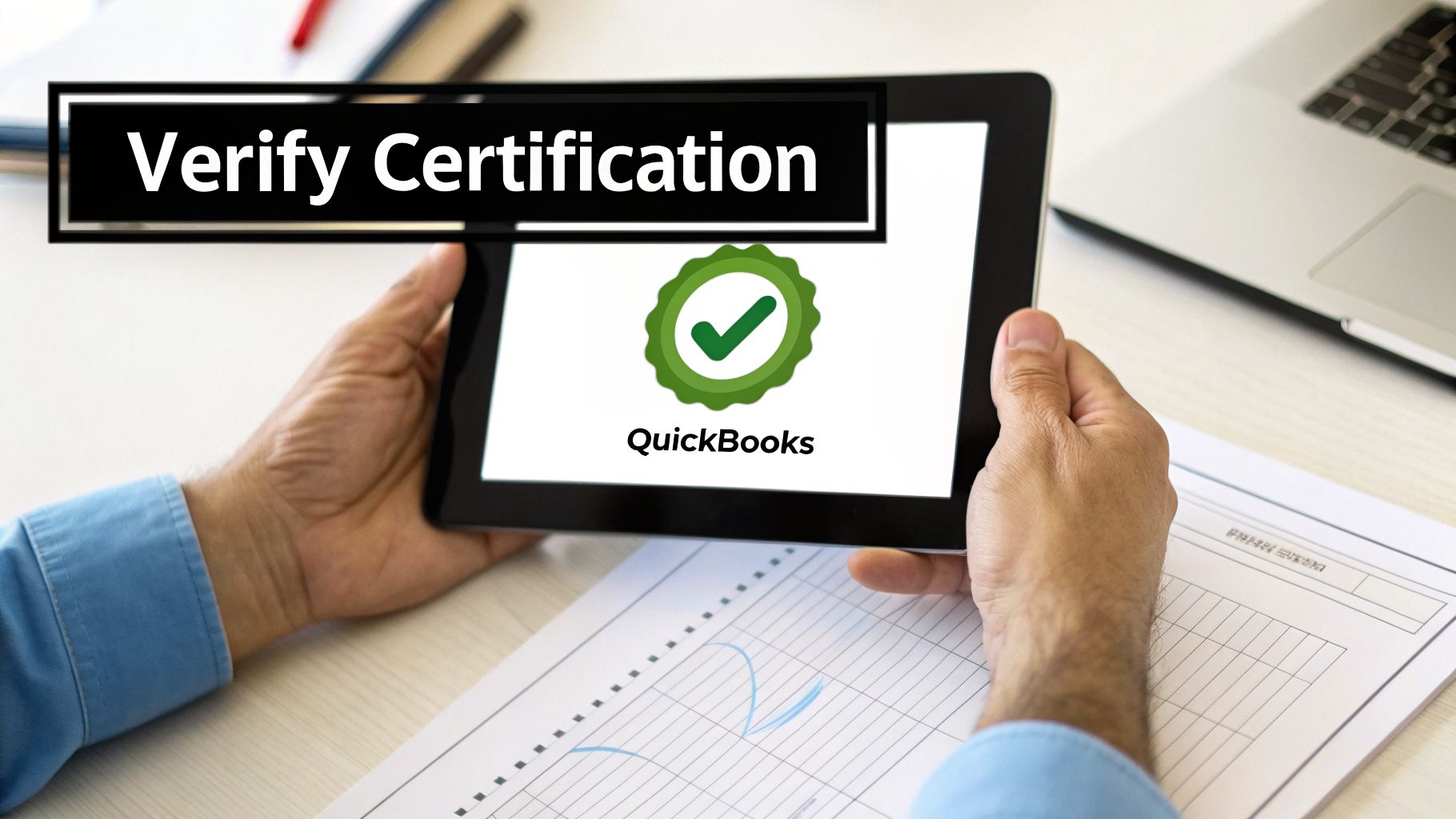 A person holds a tablet showing a QuickBooks certification badge and a checkmark. Text on screen: QuickBooks. Overlay text: Verify Certification.