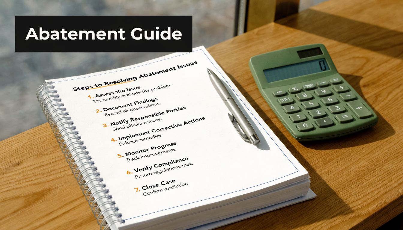 A spiral notebook on a wooden desk showing seven steps for resolving abatement issues with a calculator.