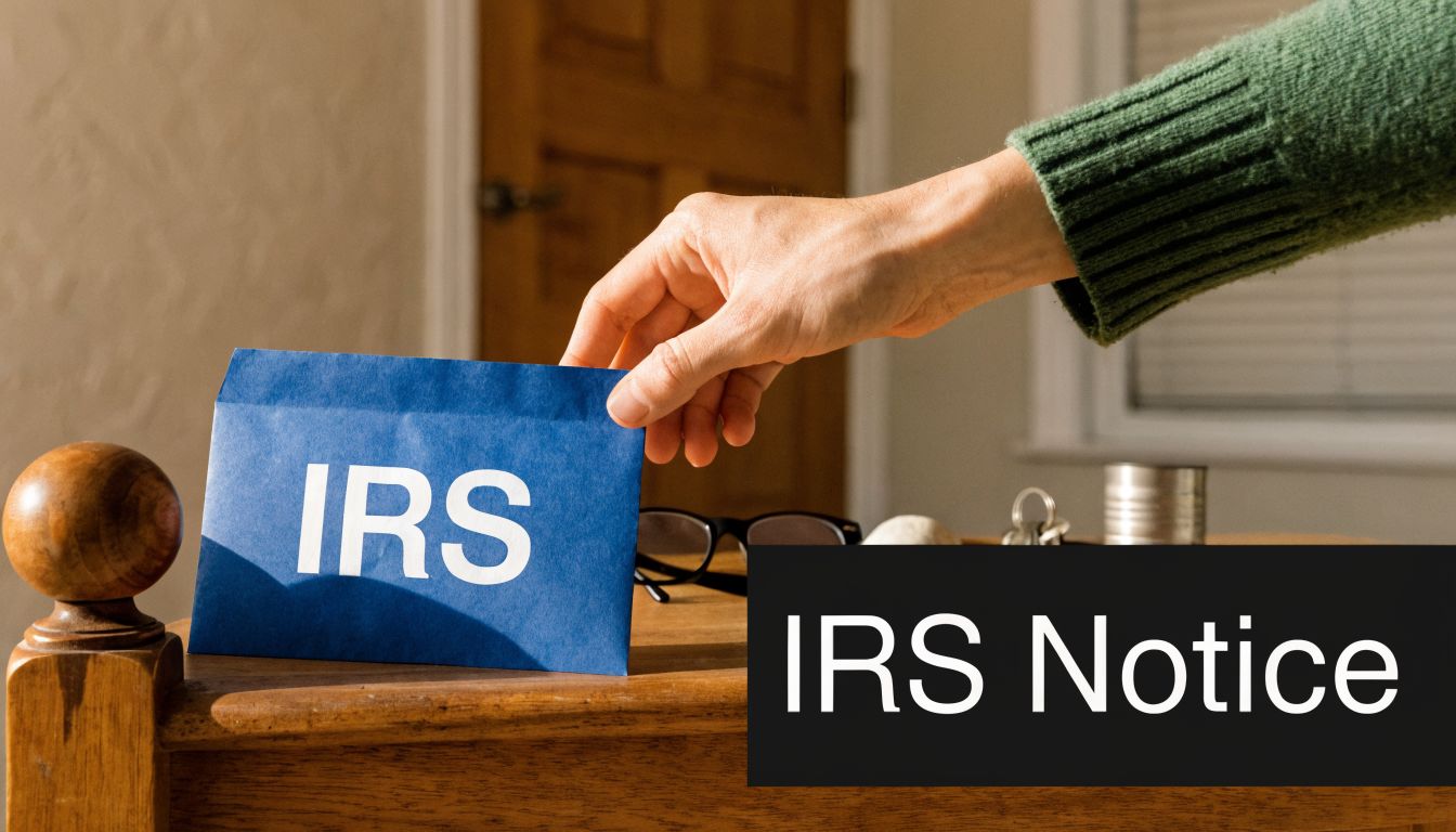 A hand reaching to pick up a blue envelope labeled IRS, sitting on a wooden furniture piece.