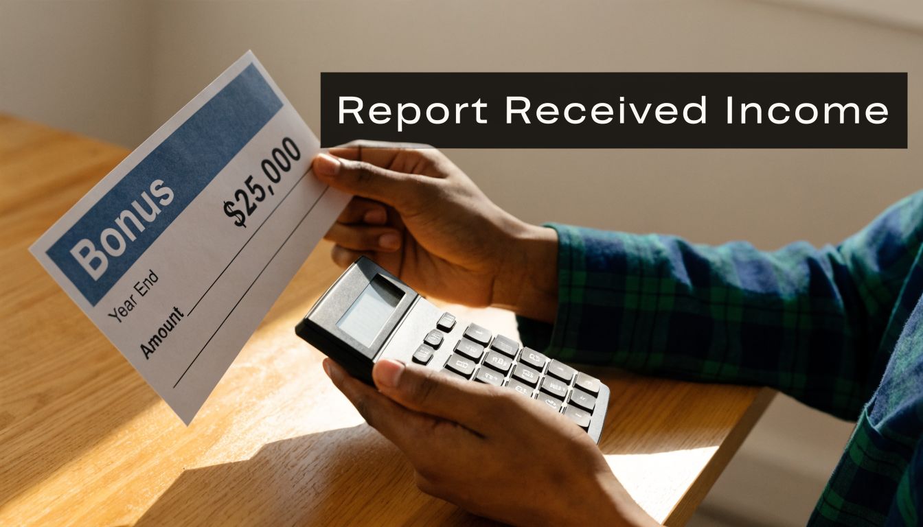 A person holding a bonus check for twenty-five thousand dollars while using a black desk calculator.