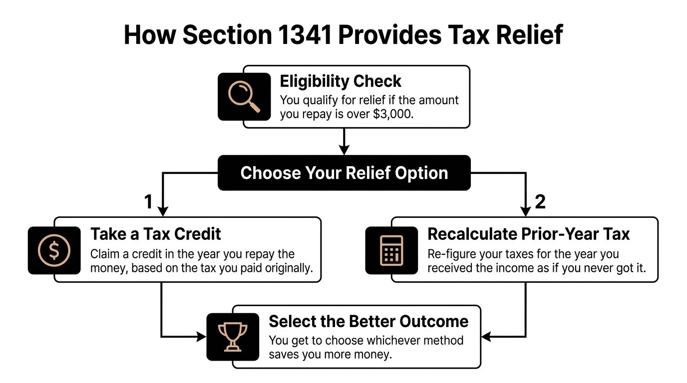 A flowchart explaining Section 1341 tax relief steps including eligibility, relief options, and selecting the best outcome.