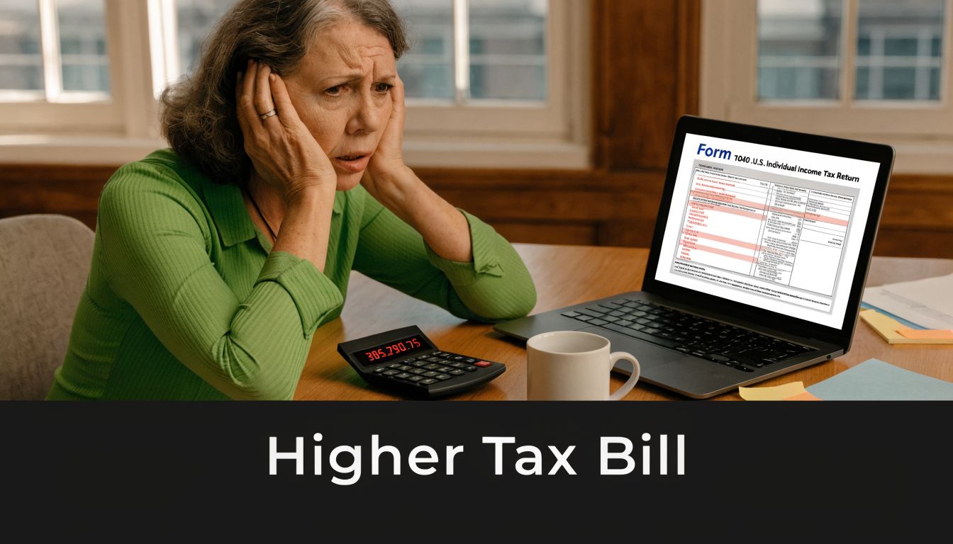 A stressed woman sits at a table with a calculator and a laptop displaying tax forms.