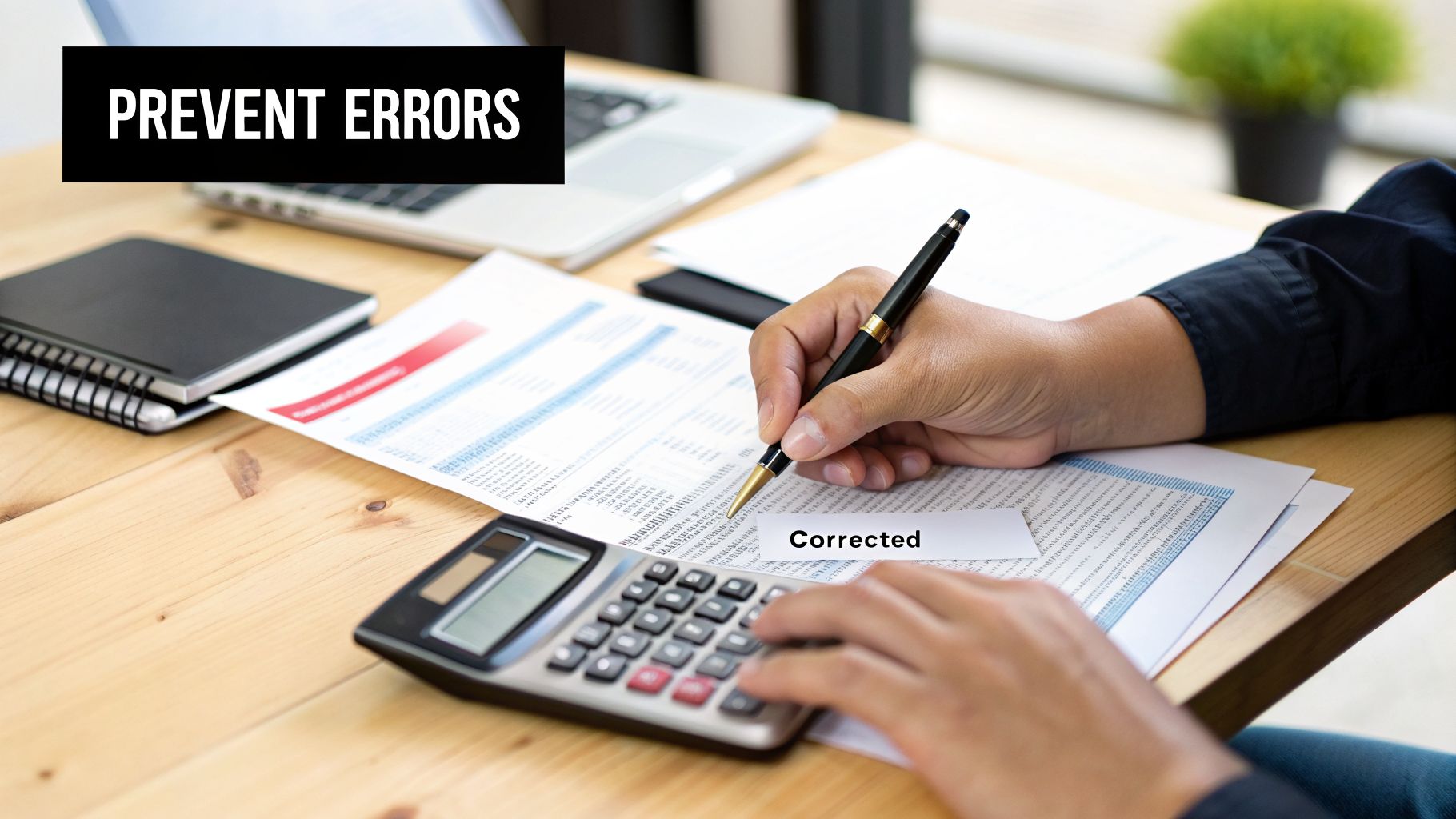 A person's hands reviewing financial documents and using a calculator, aiming to prevent errors.
