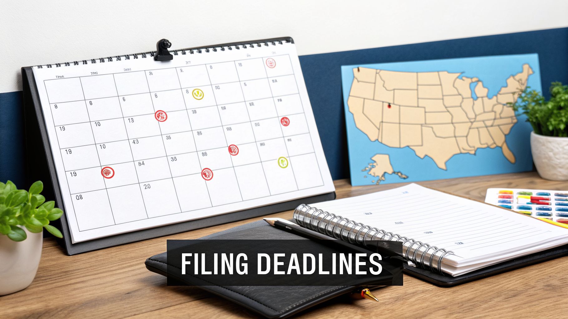 A desk with a calendar showing marked filing deadlines, a US map, and a notebook.
