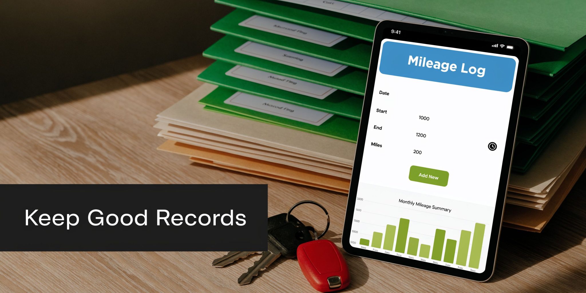 A digital tablet displaying a mileage log application next to car keys and organized paperwork.