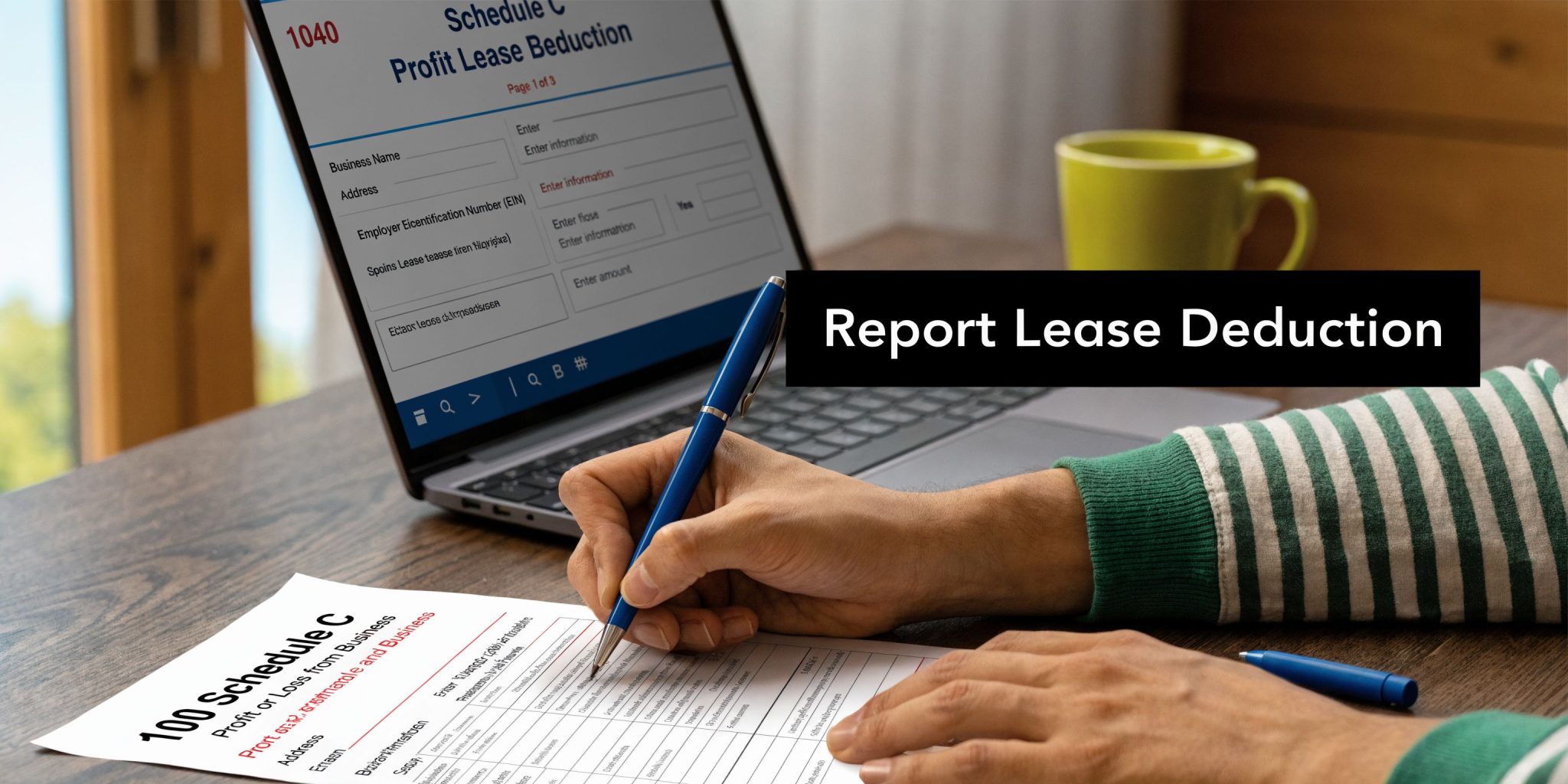 A person filling out business tax forms on a document while viewing a laptop screen.