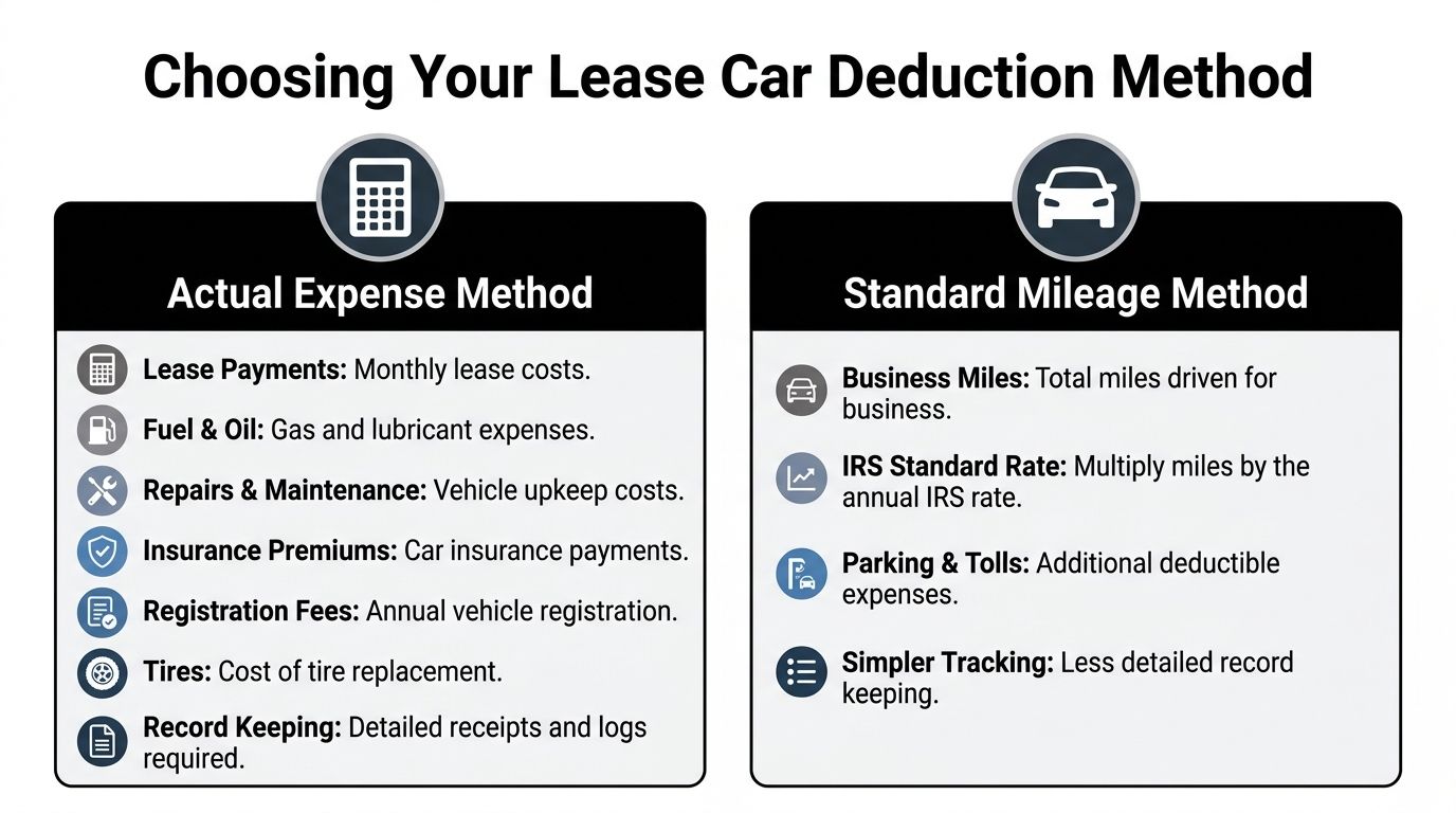 A comparison chart outlining the Actual Expense Method versus the Standard Mileage Method for leased car tax deductions.
