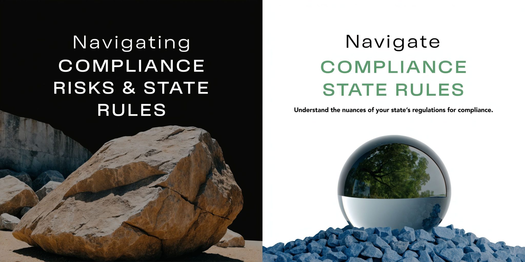 A split image contrasting a rugged, large rock against a smooth, reflective glass sphere for compliance concepts.