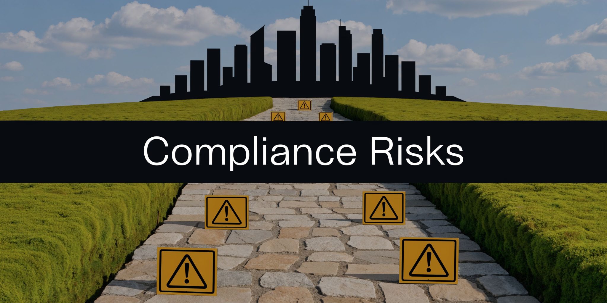 A stone path leads to a city silhouette with warning signs representing compliance risks for businesses.